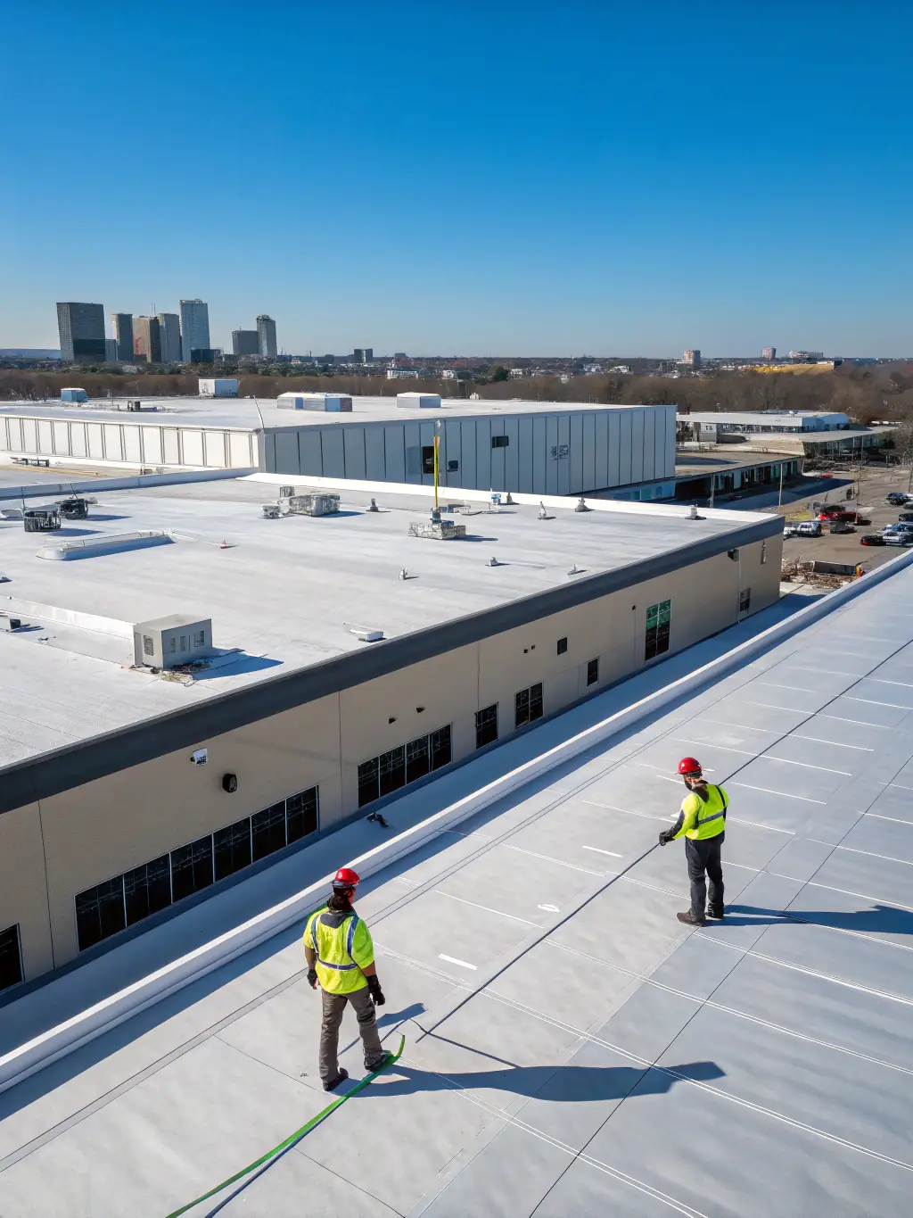 A Blue Raider Roofing crew applying a reflective roof coating to a commercial building, reducing energy costs.