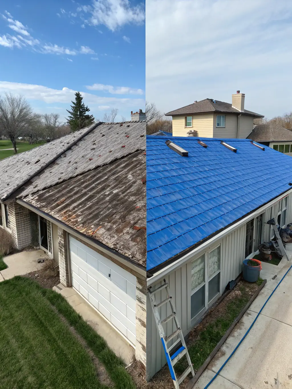 A photo illustrating the cost savings associated with preventive maintenance, showing a before-and-after scenario of a roof that has undergone timely repairs.
