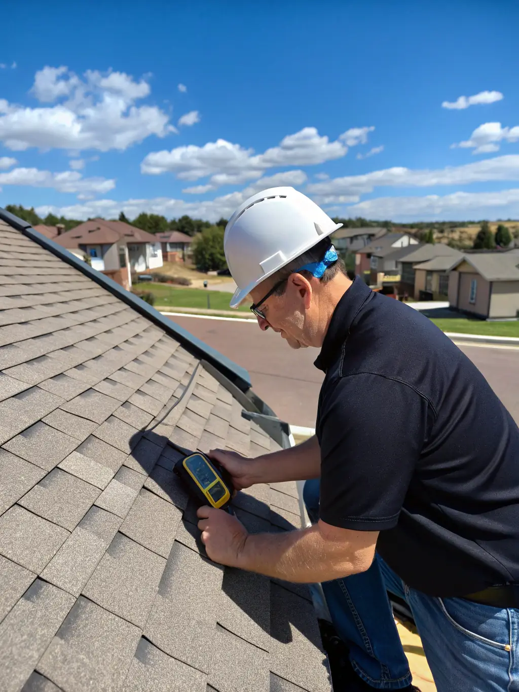 An image showcasing a Blue Raider Roofing inspector using specialized equipment to assess the condition of a commercial roof, highlighting the thoroughness of the inspection.