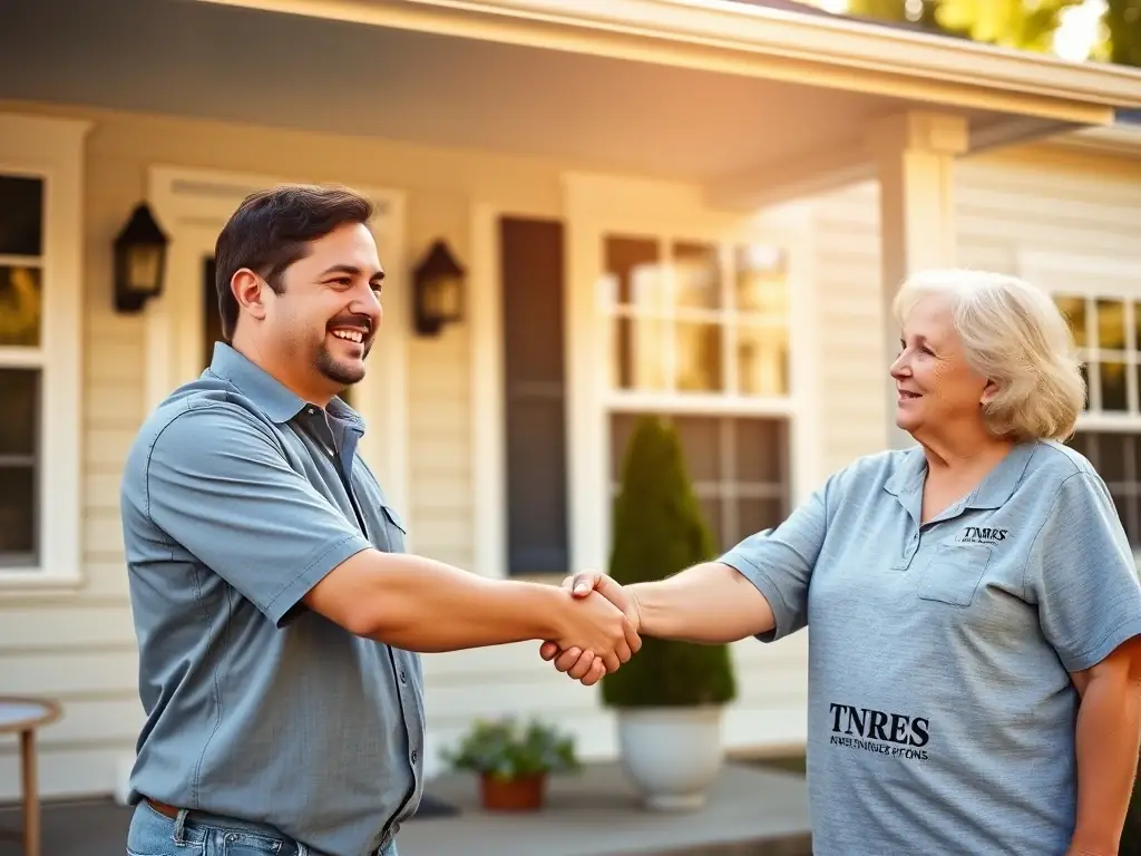 A friendly Blue Raider Roofing representative shaking hands with a satisfied homeowner in front of their newly roofed house, symbolizing excellent customer service and trust.