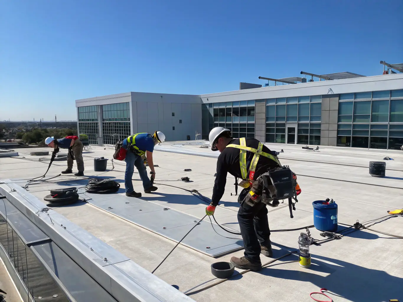 A commercial building with a newly installed flat roof, demonstrating professional craftsmanship. The image should convey professionalism and expertise.