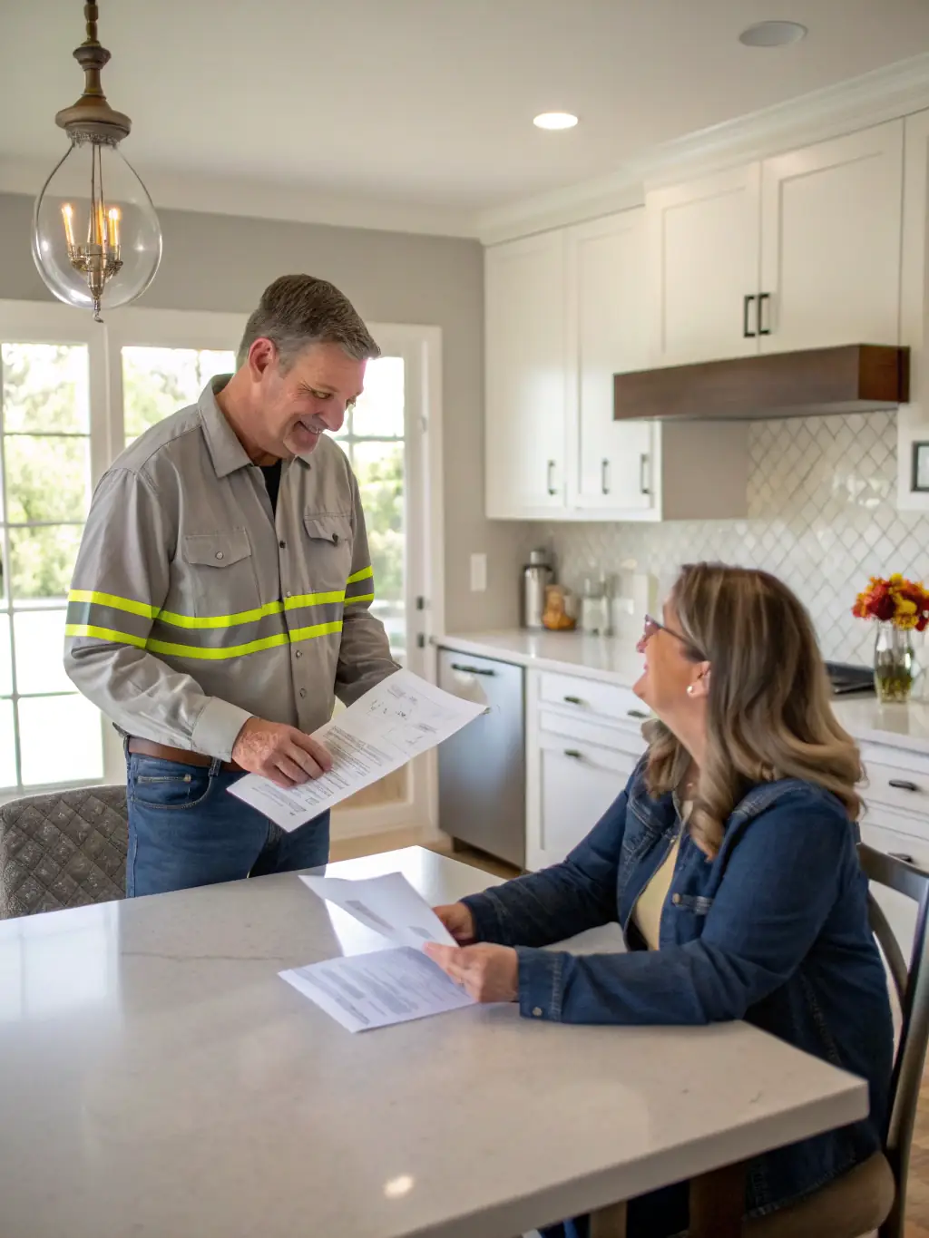 A family discussing roofing financing options with a Blue Raider Roofing representative at their kitchen table, showcasing a comfortable and trustworthy environment.