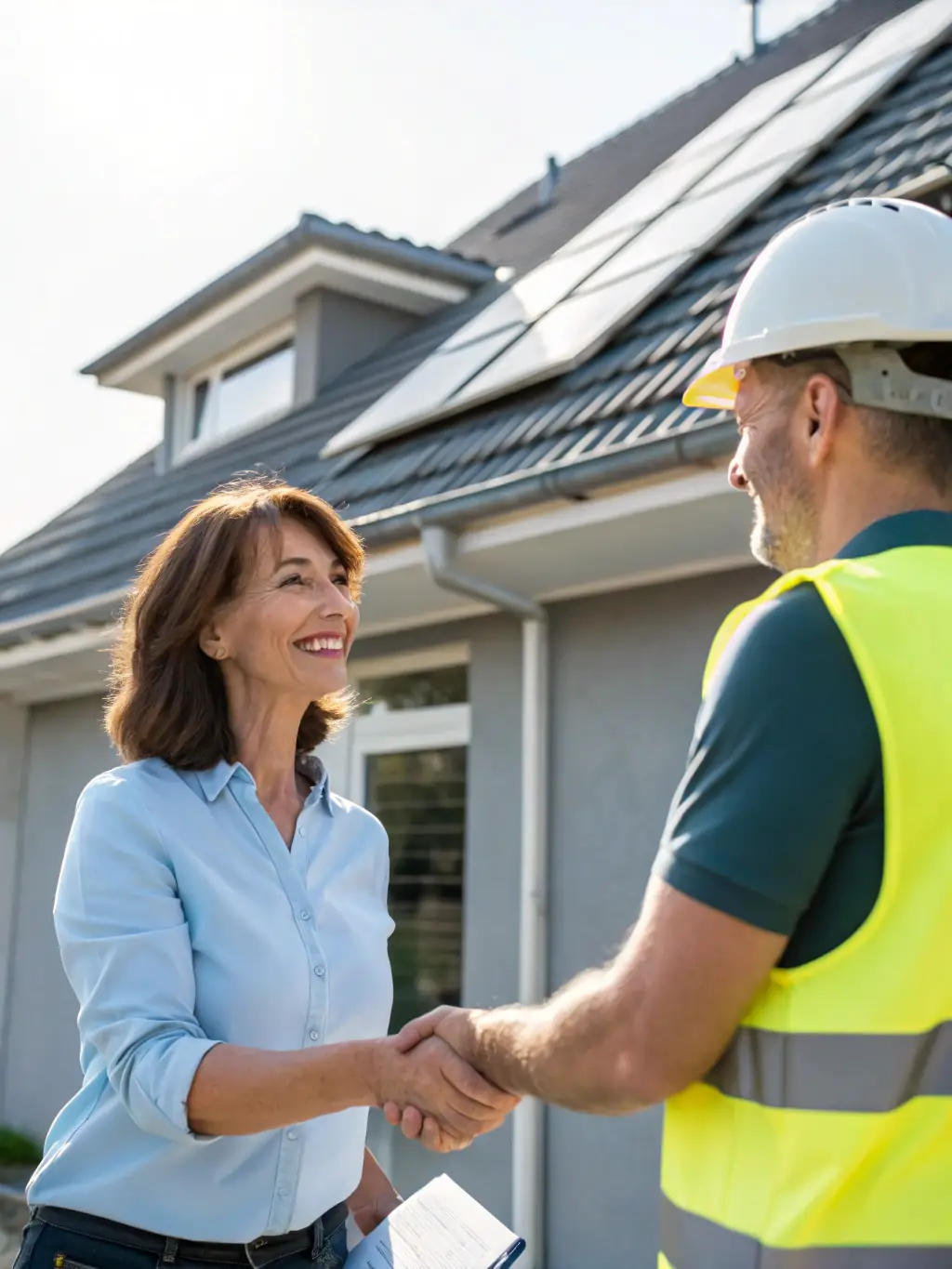 A homeowner smiling and shaking hands with a Blue Raider Roofing employee after a successful insurance claim assistance.