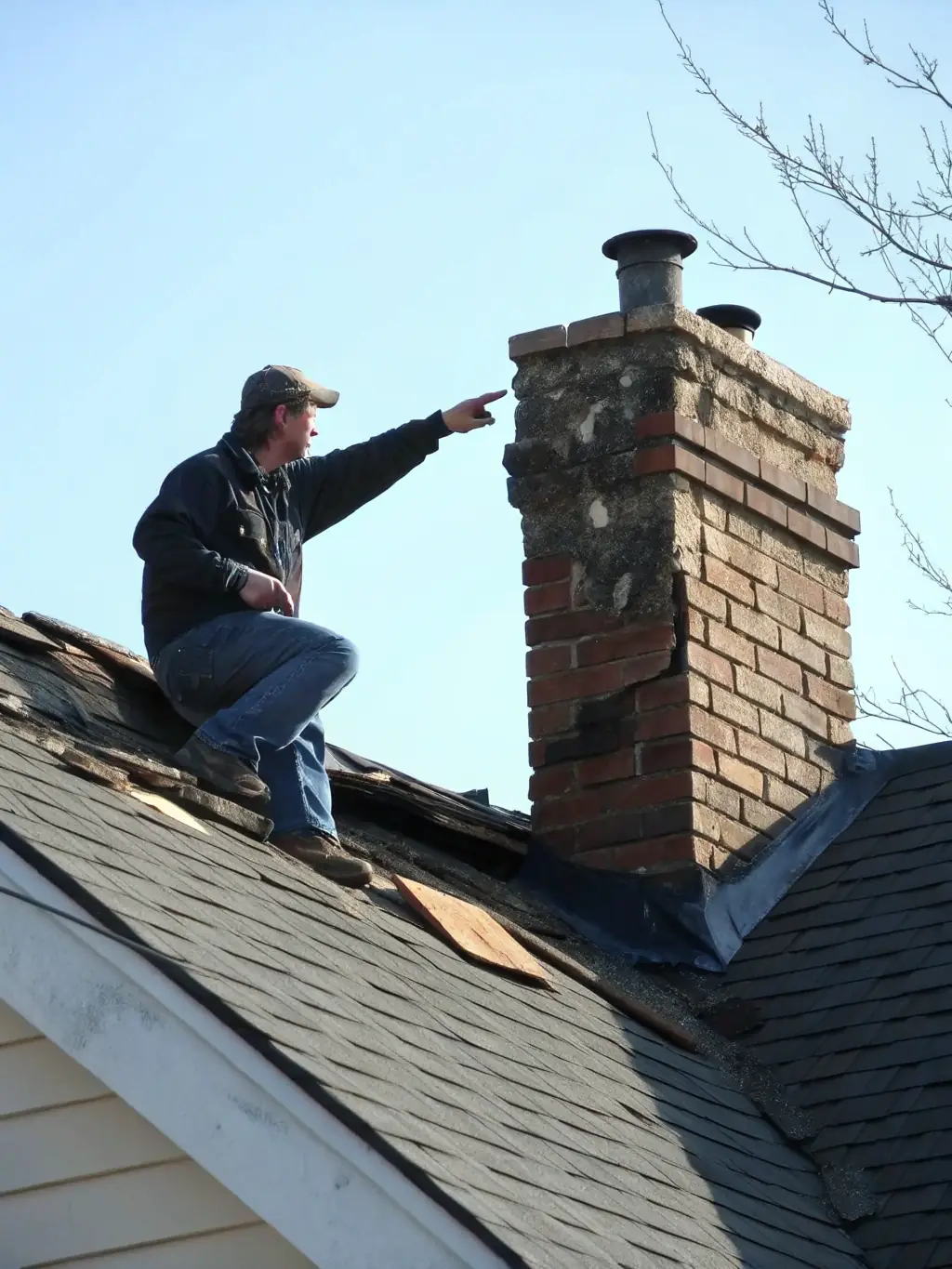 A close-up shot of a Blue Raider Roofing inspector pointing out a cracked shingle on a residential roof during an inspection, with a focus on the detail of the damage.