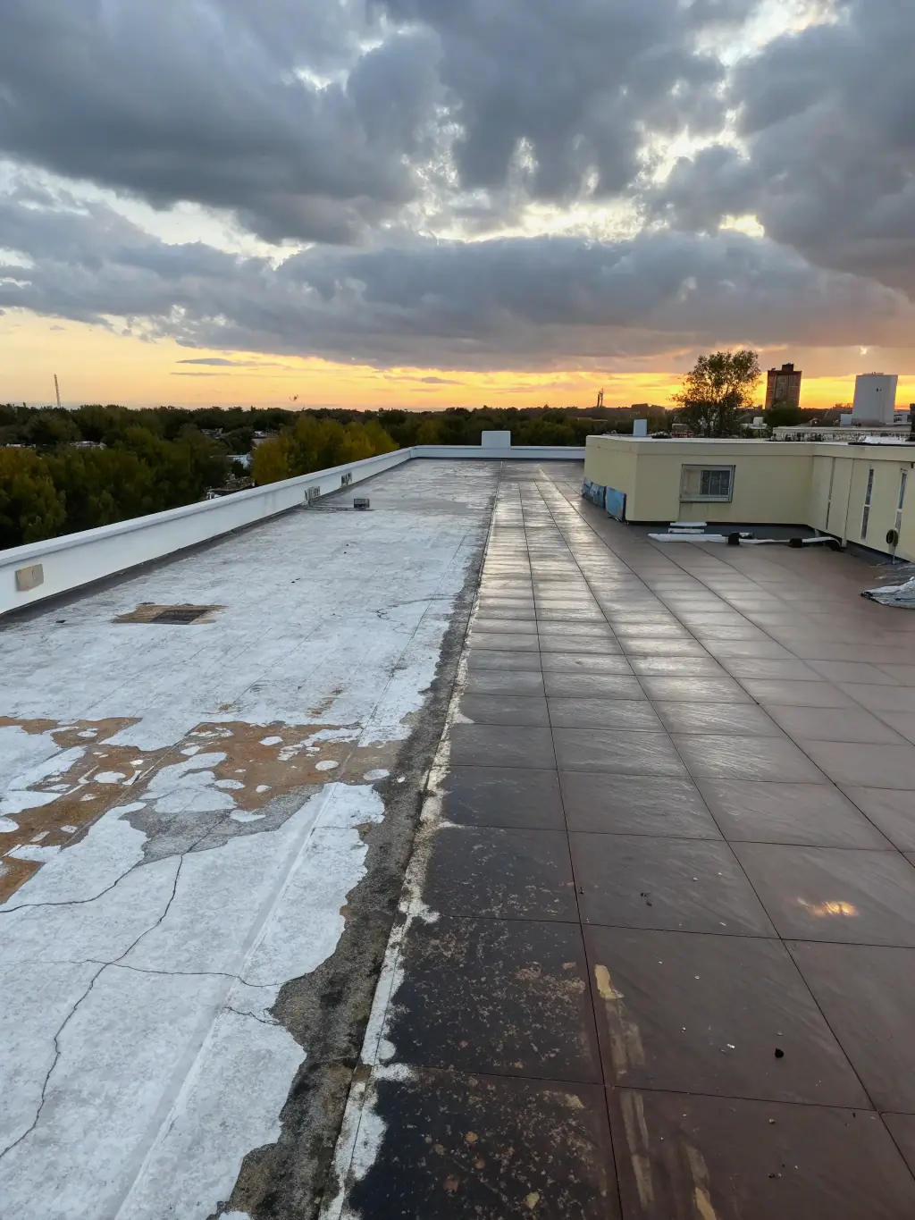 A before-and-after image showing a commercial roof with ponding water, and then after Blue Raider Roofing installed a proper drainage system.