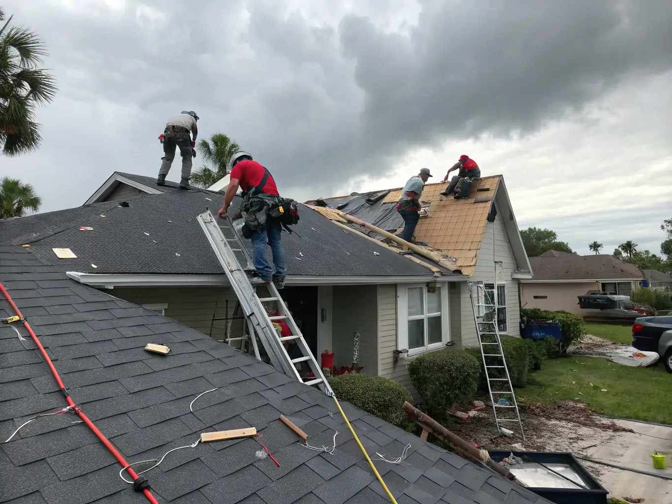 A roofer inspecting a roof after a storm, highlighting the storm damage assessment process. The image should convey expertise and care.